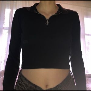 Navy blue cropped and collared long sleeve shirt